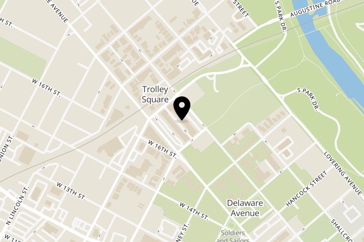 Map showing the location of Gaudiello's Italian Hoagies on 29A Trolley Square in Wilmington